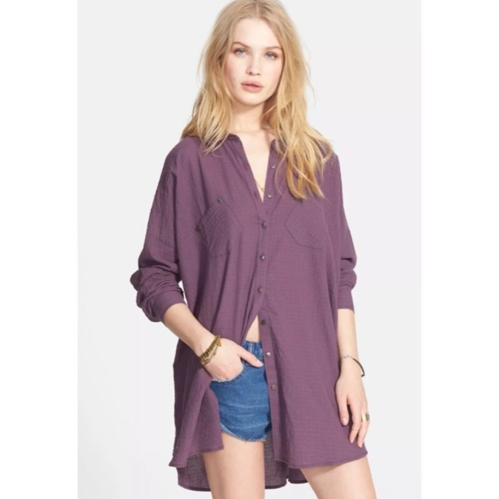 Free People Oversized Long Sleeve Purple Pink Button Down Small